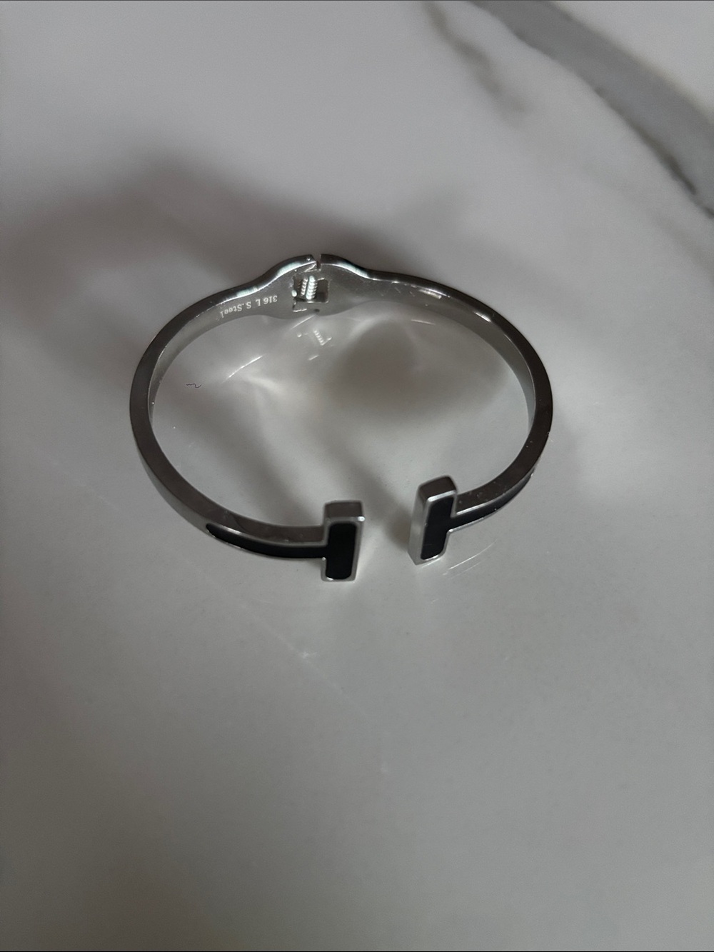 Silver 'T Wire' copy Open Cuff Bracelet with Black Enamel Accents